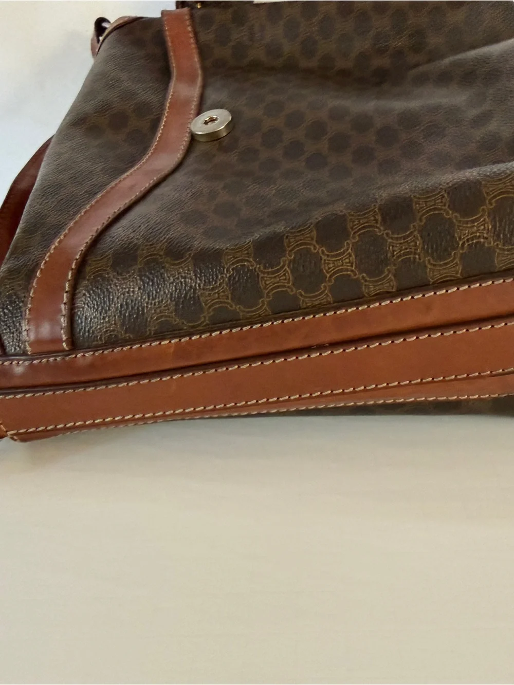 Vintage Celine Macadam Brown Coated Canvas & Tan Leather Crossbody Bag
